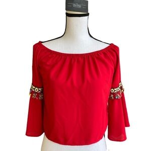 Red Southwestern Aztec Crop Top Blouse Size Medium